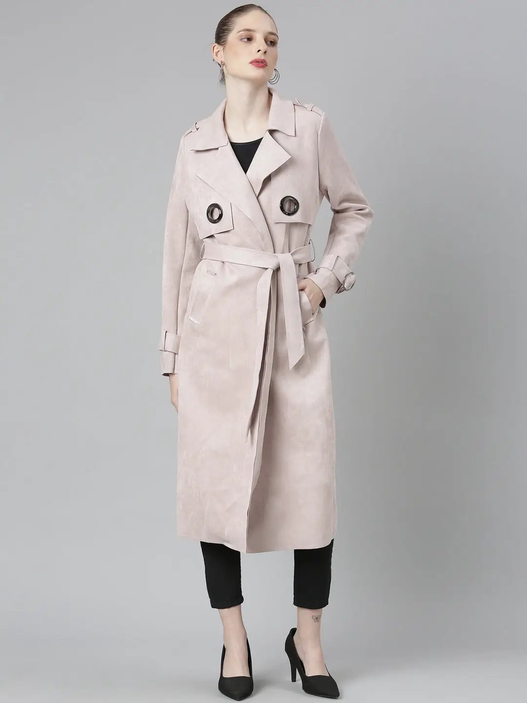 Women's Rose Notched Lapel Collar Suede Longline Trench Coat