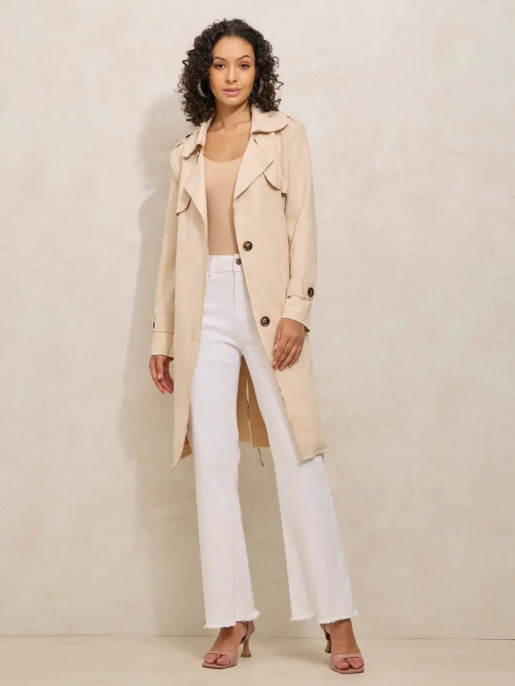 Women's Cream Trench Coat with Shoulder Flaps and Belt