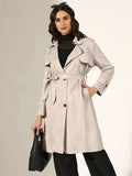Women's Grey Long Trench Coat with Fabric Belt