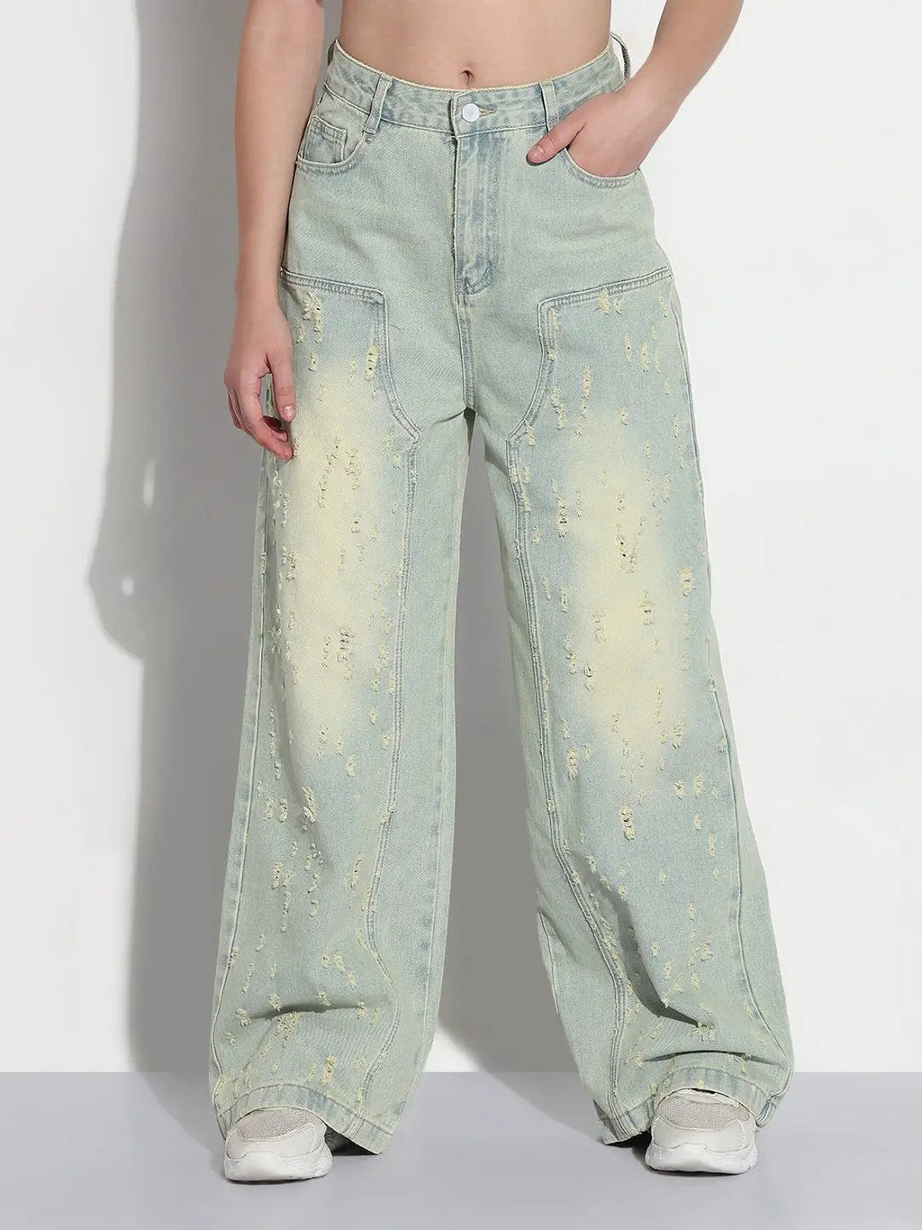 Women's Blue High Rise Distressed Baggy Jeans