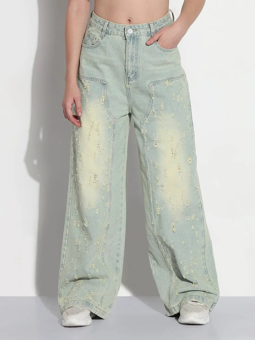 Women's Blue High Rise Distressed Baggy Jeans