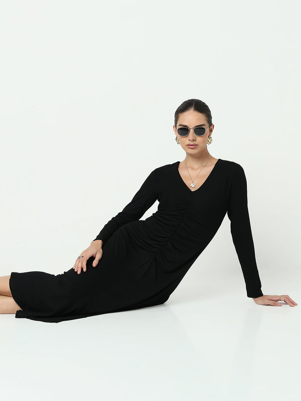 Women's Black V-Neck Ruched A-Line Dress