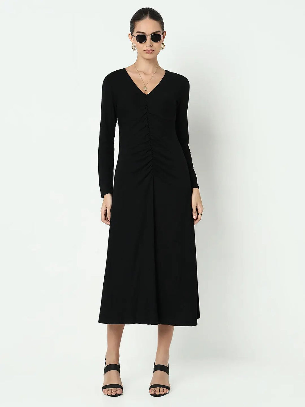 Women's Black V-Neck Ruched A-Line Dress