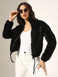 Women's Black Velvet Zip-Up Puffer Jacket