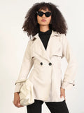 Women's Solid Cream Spread Collar Trench Coat with WristBelt