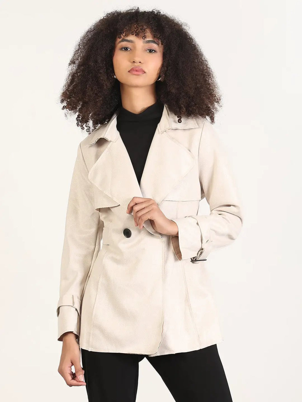 Women's Solid Cream Spread Collar Trench Coat with WristBelt