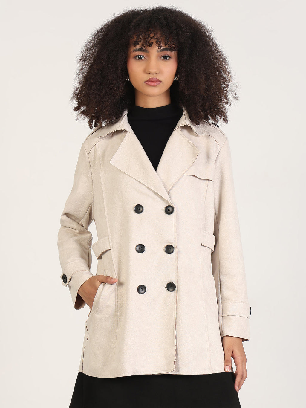 Women's Solid Cream Lapel Collar Trench Coat