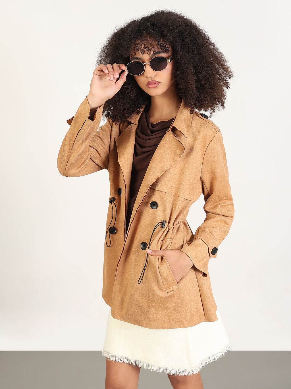 Women's Solid Brown Lapel Collar Trench Coat