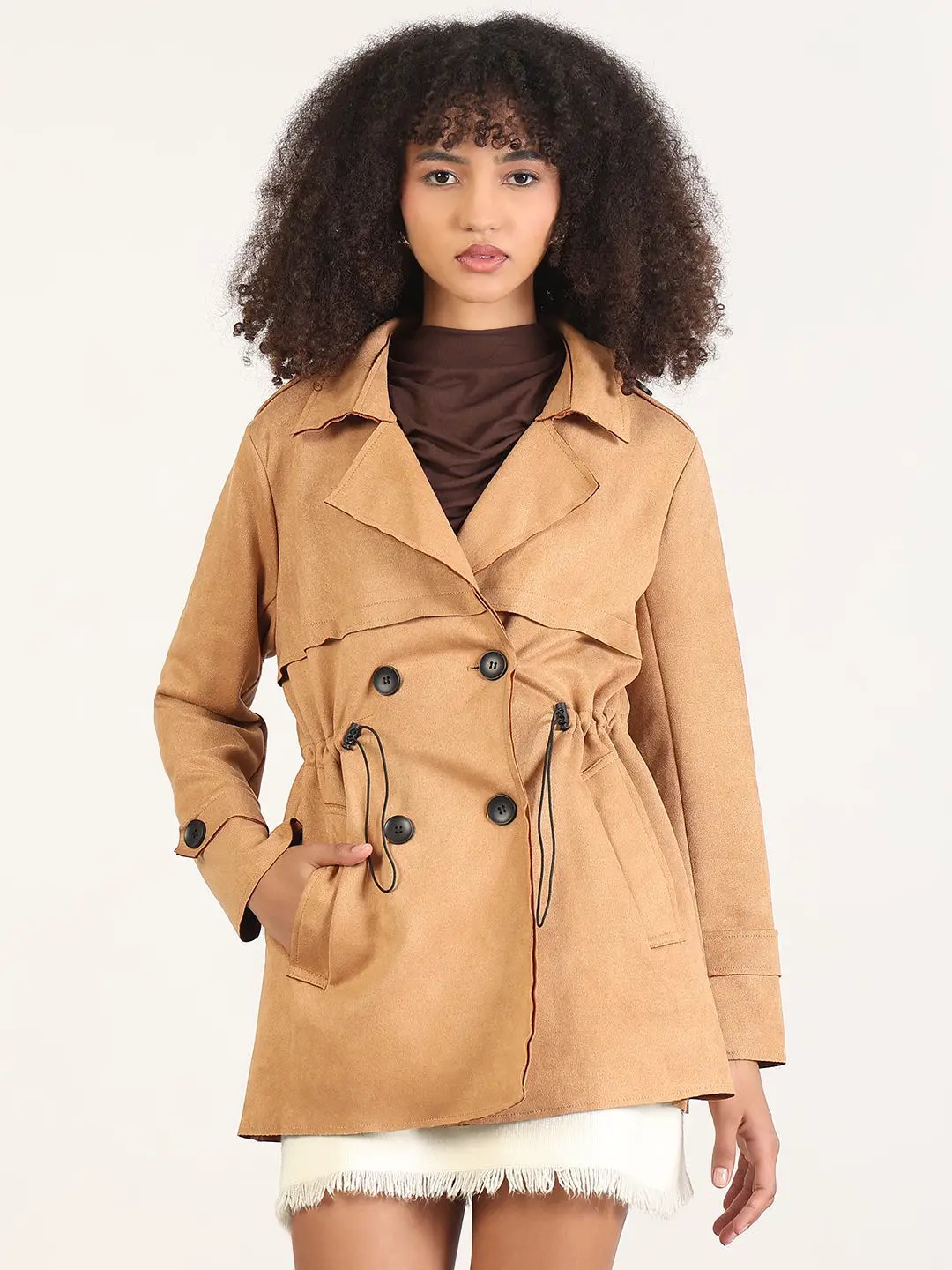 Women's Solid Brown Lapel Collar Trench Coat