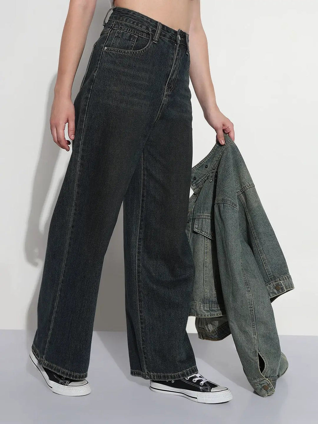 Women's Navy Blue High Rise Baggy Jeans