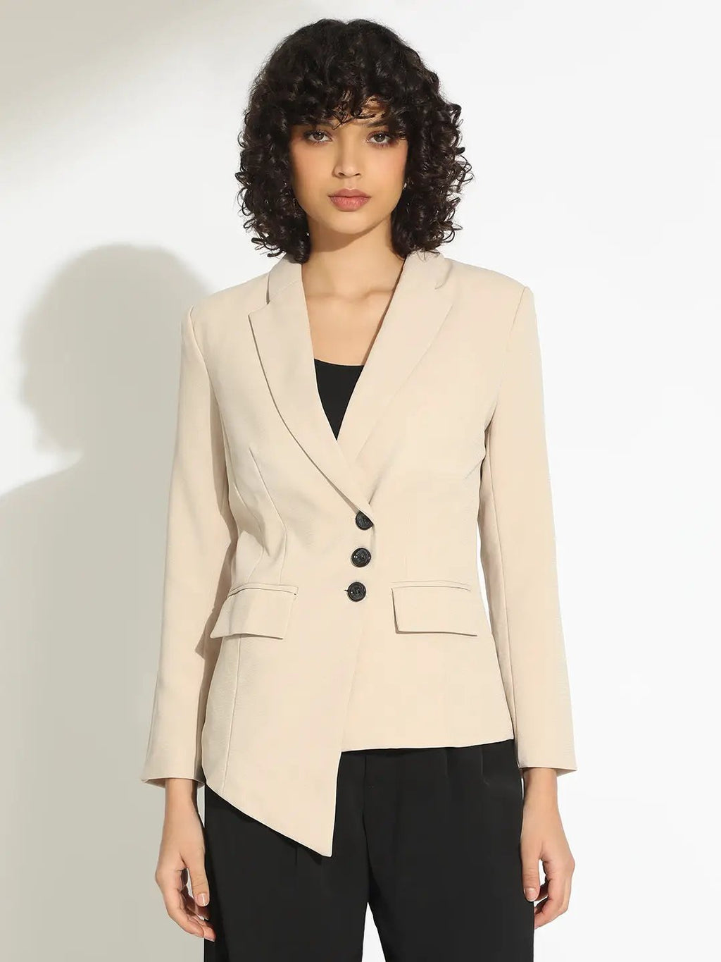 Women's Beige Tailored Blazer with Asymmetric Hem