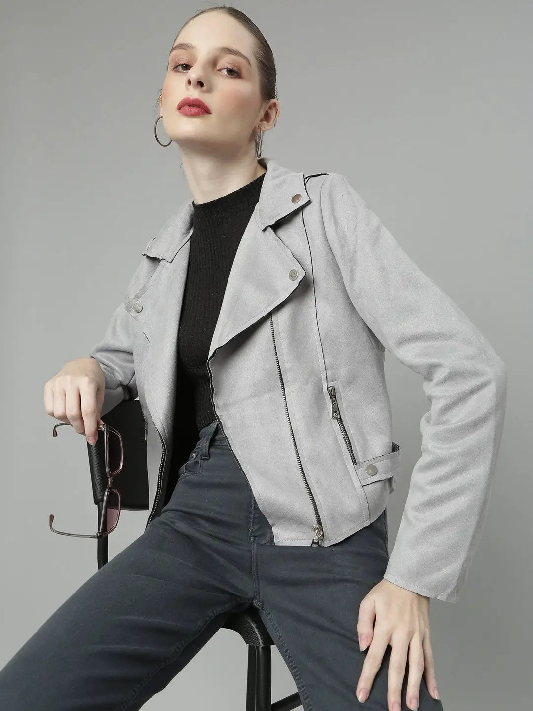 Women's Grey Spread Collar Crop Tailored Jacket