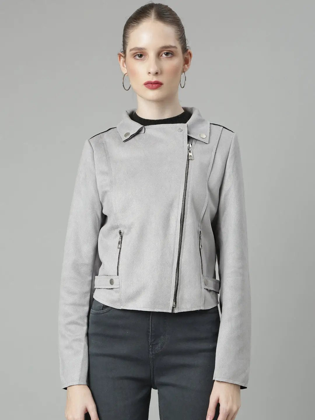 Women's Grey Spread Collar Crop Tailored Jacket