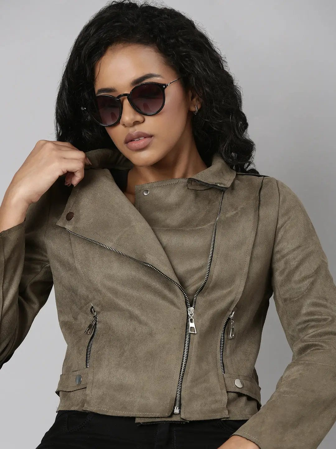 Women's Olive Spread Collar Long Sleeve Suede Tailored Jacket