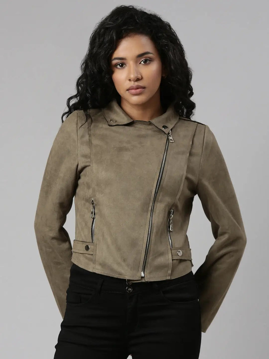 Women's Olive Spread Collar Long Sleeve Suede Tailored Jacket