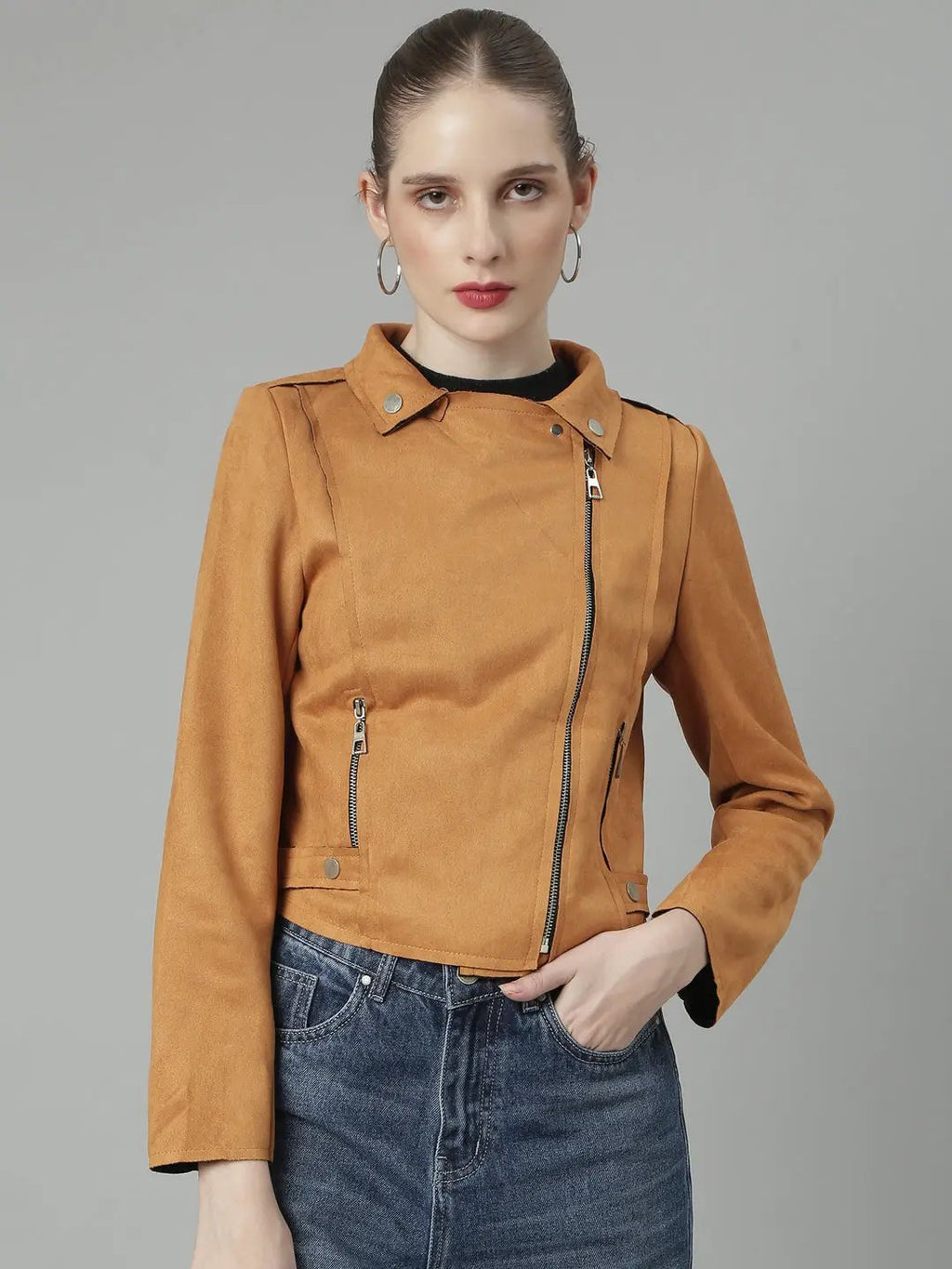 Women's Rust Mock Collar Biker Jacket