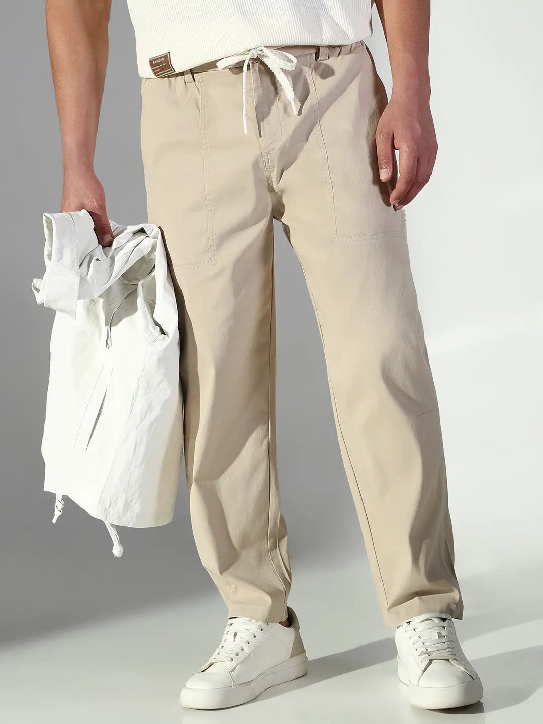 Men's Beige Solid Korean Trousers