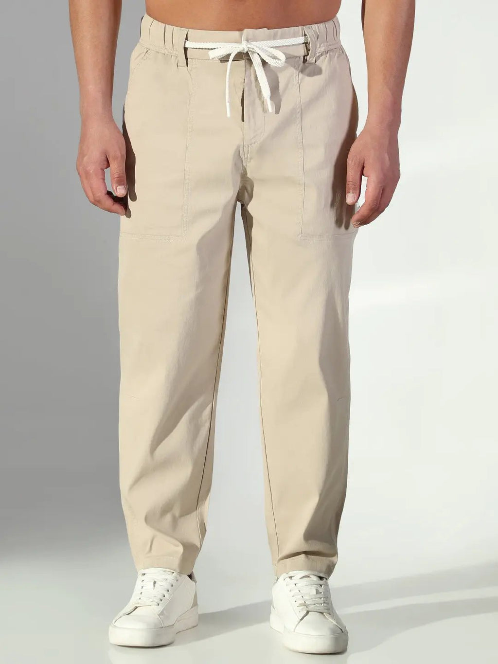 Men's Beige Solid Korean Trousers