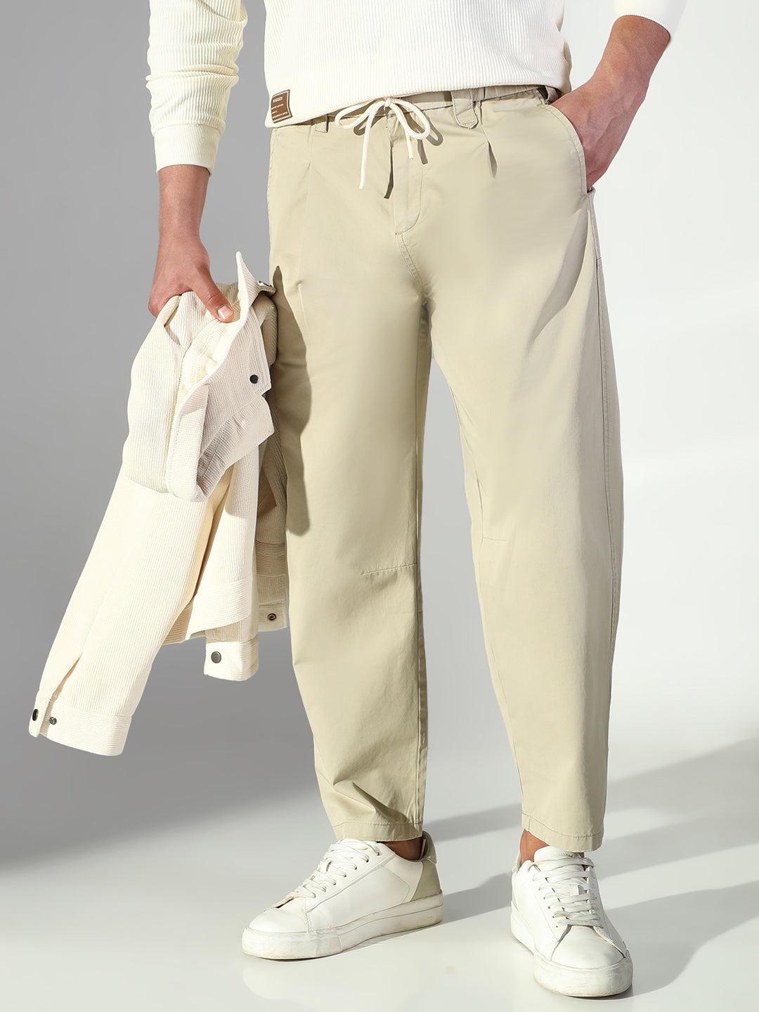 Men's Beige Korean Trousers with Drawstrings