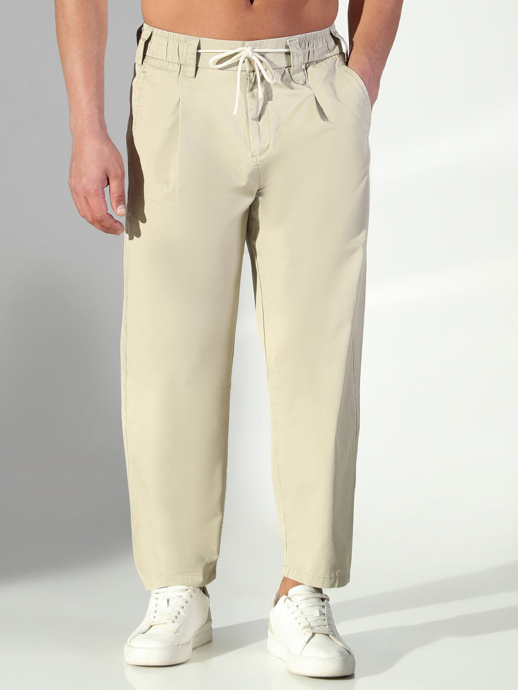 Men's Beige Korean Trousers with Drawstrings
