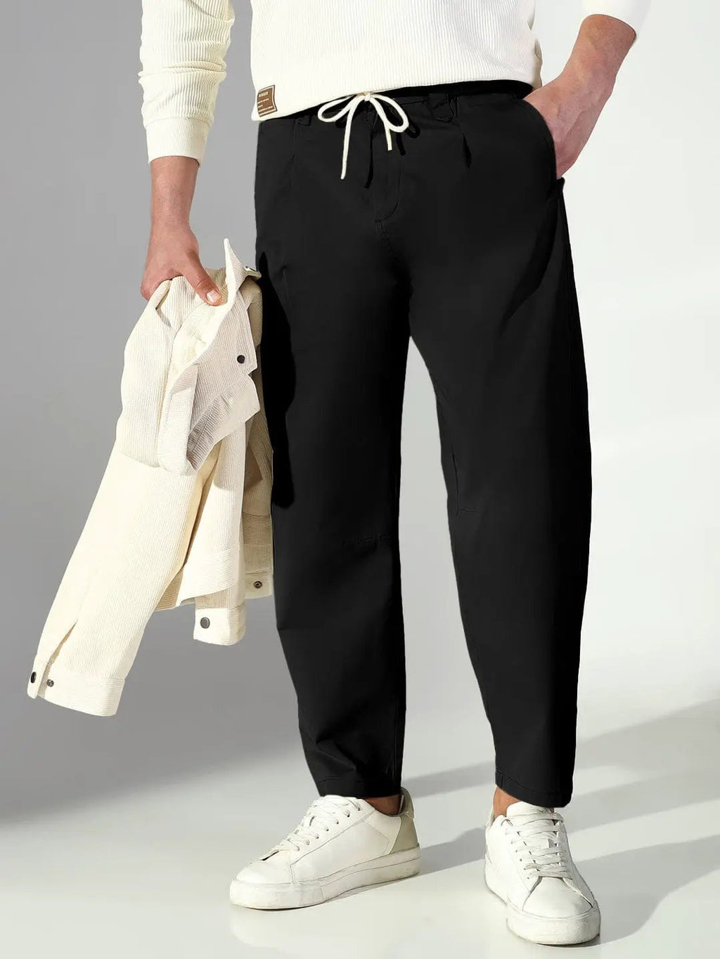 Men's Black Korean Trousers with Drawstrings