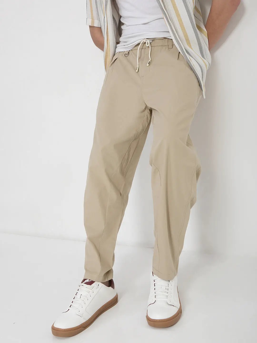 Men's Cotton Beige Relaxed Fit Trousers