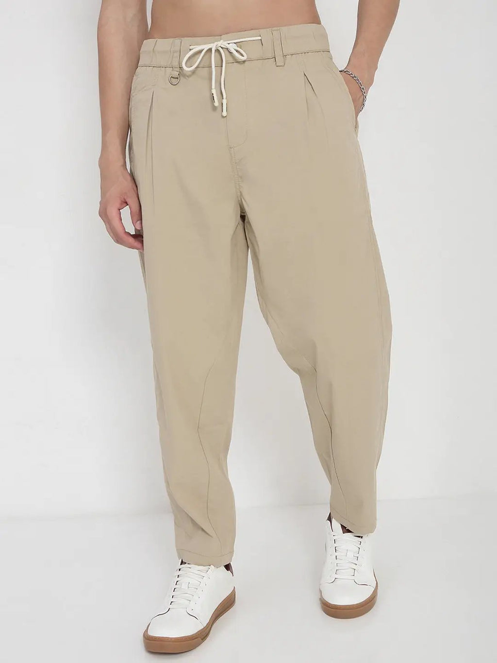 Men's Cotton Beige Relaxed Fit Trousers