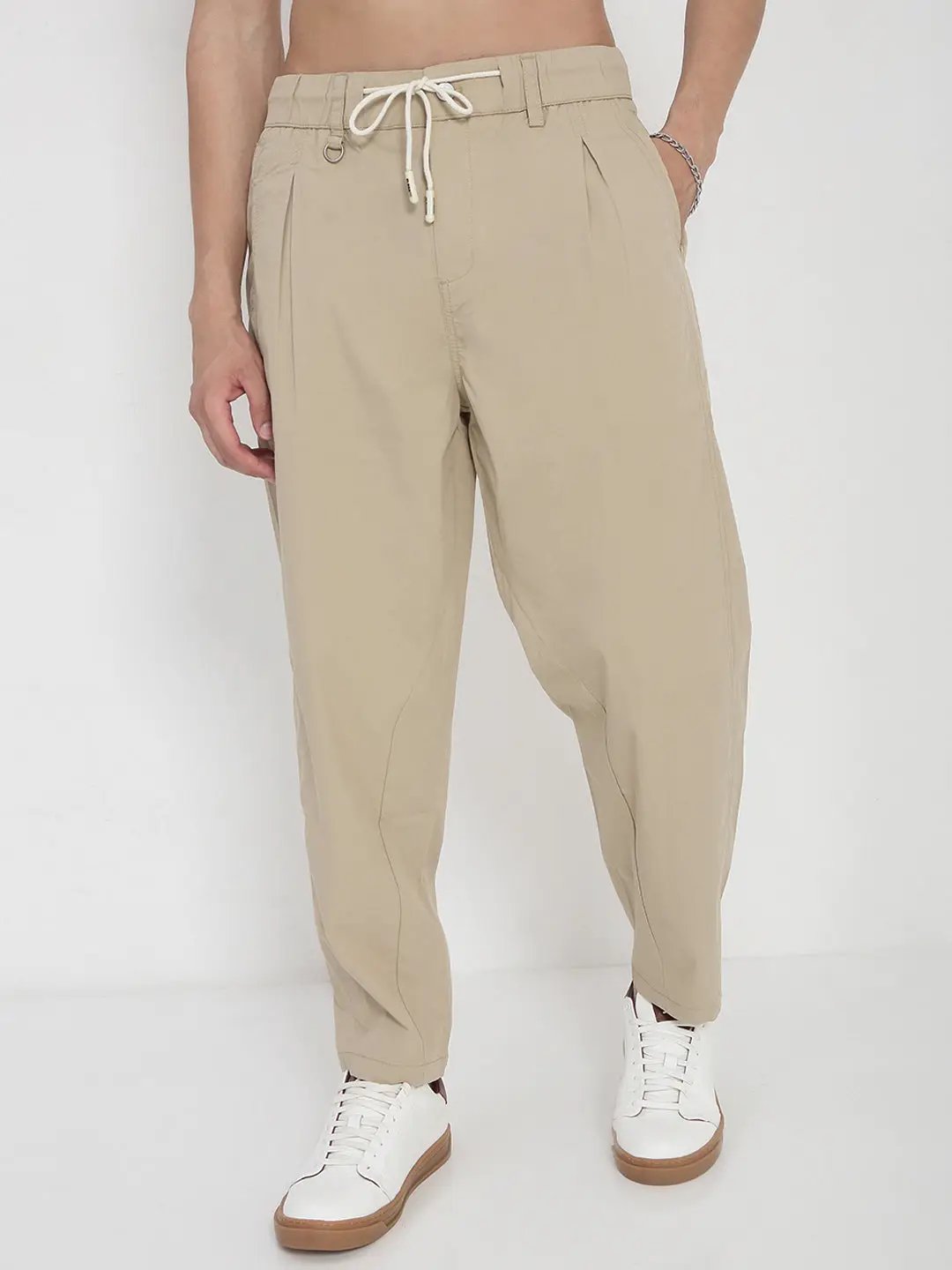 Men's Cotton Beige Relaxed Fit Trousers