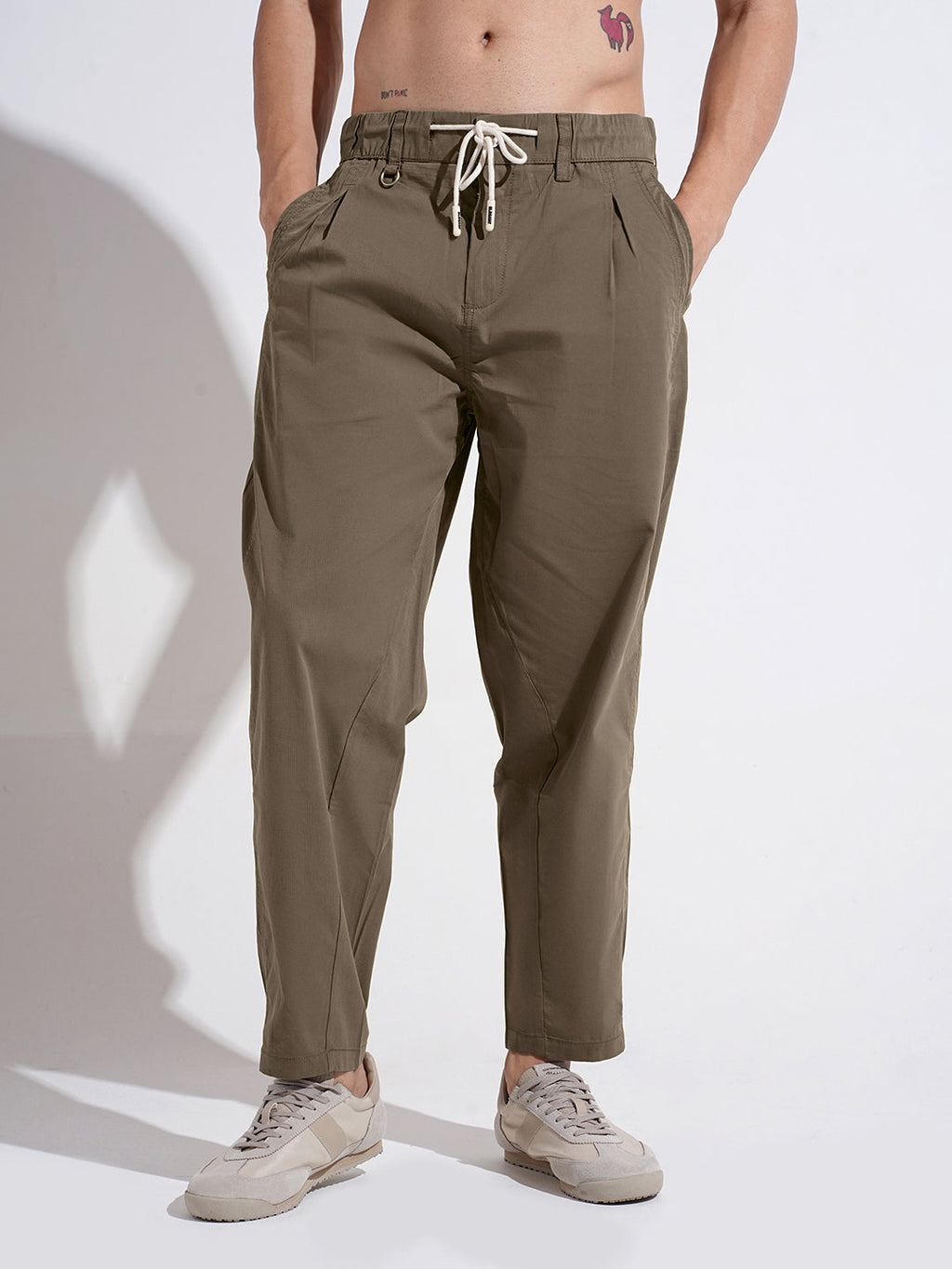 Men's Khaki Relaxed Fit Trousers with Elasticated Waist and Drawstring