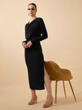 Women's Draped Velvet Black Bodycon Maxi Dress with Side Slit