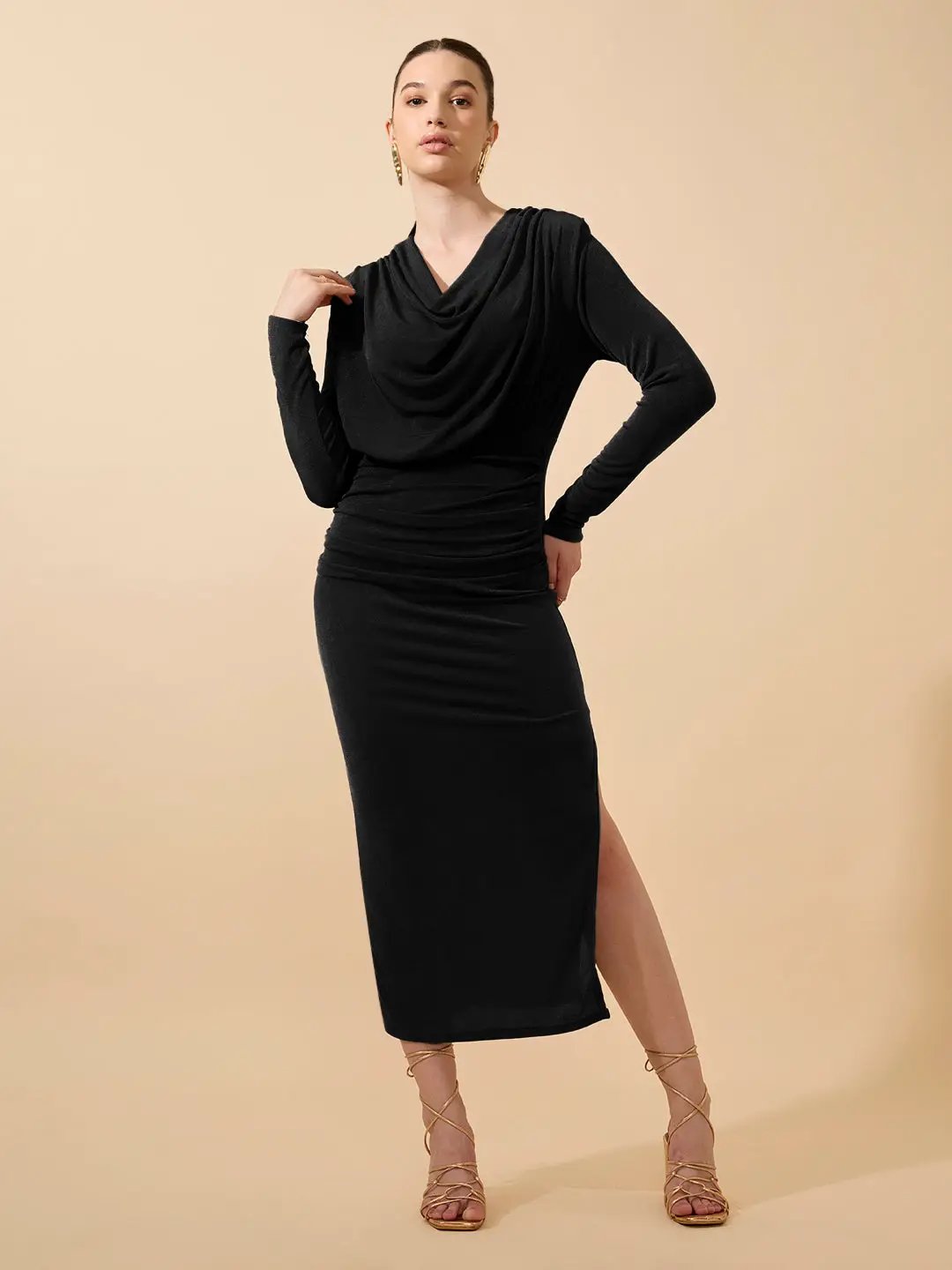 Women's Draped Velvet Black Bodycon Maxi Dress with Side Slit