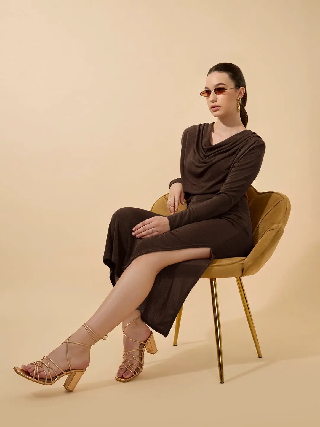 Women's Draped Velvet Brown Bodycon Maxi Dress with Side Slit