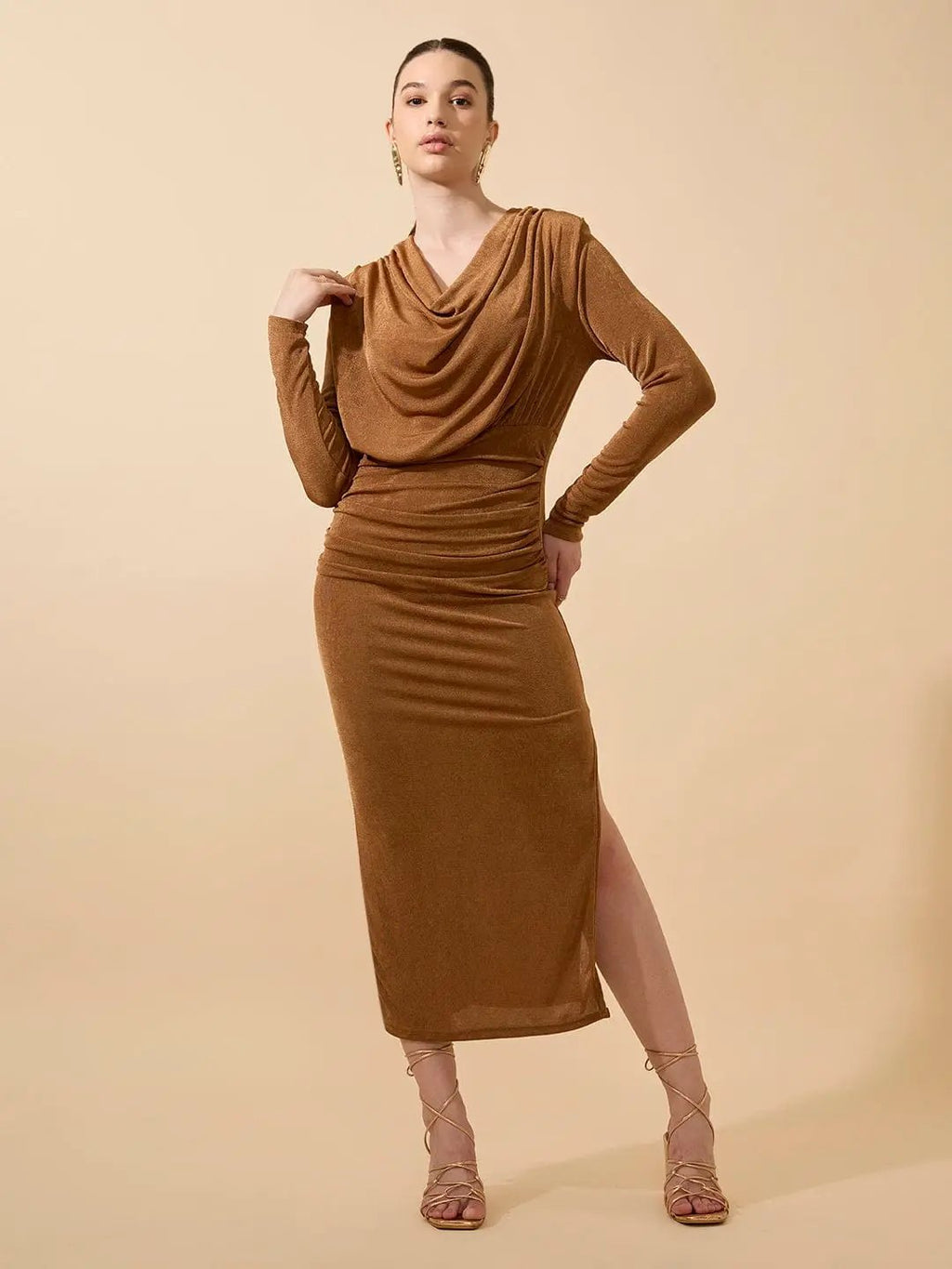 Women's Draped Velvet Camel Brown Bodycon Maxi Dress with Side Slit