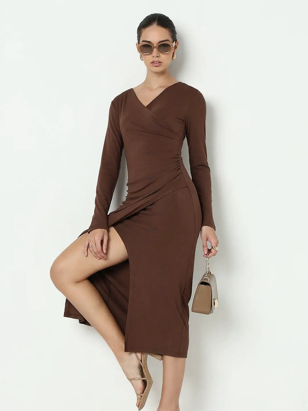 Women's Brown Wrap Bodycon Midi Dress with Front Slit