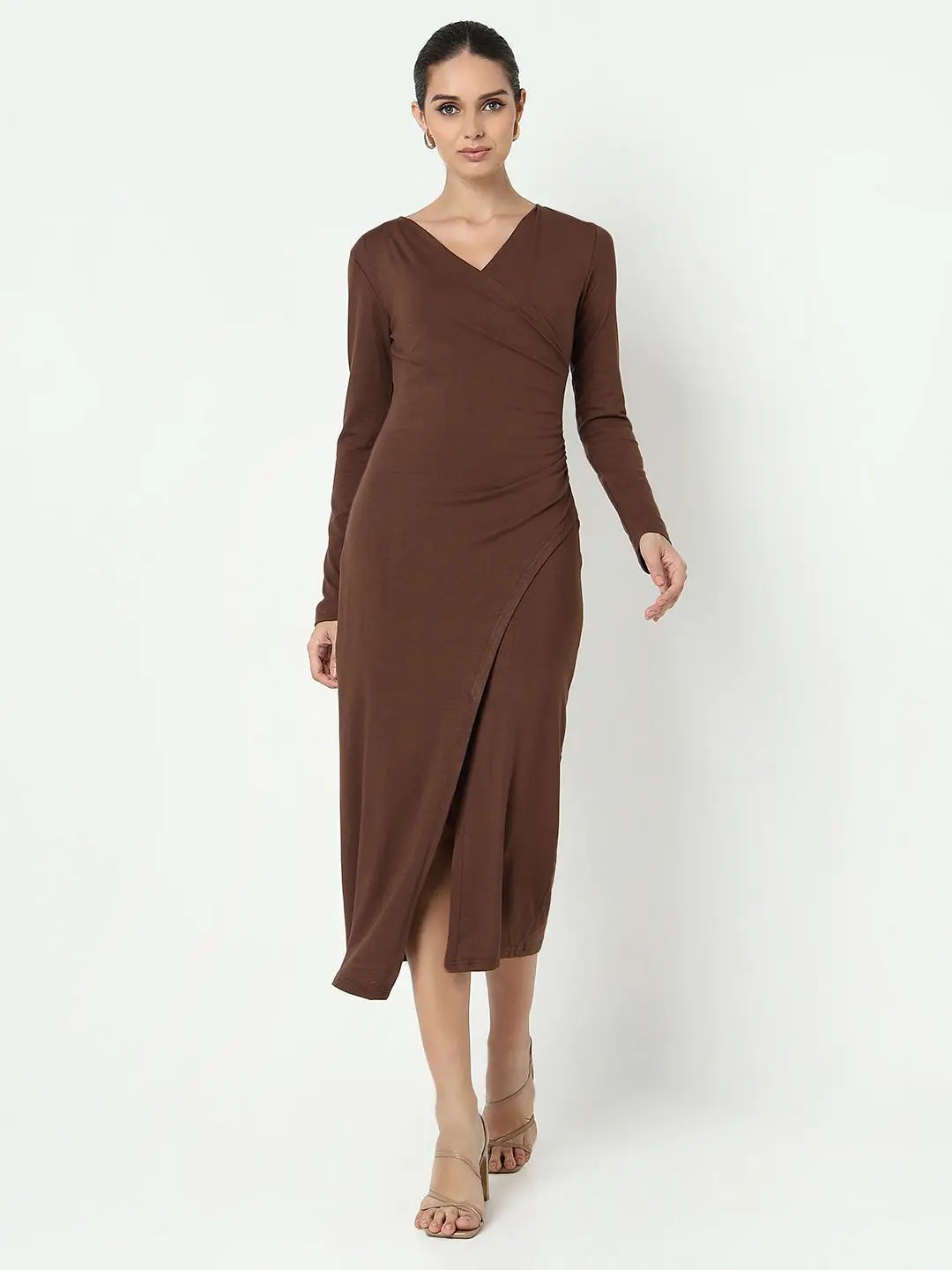 Women's Brown Wrap Bodycon Midi Dress with Front Slit
