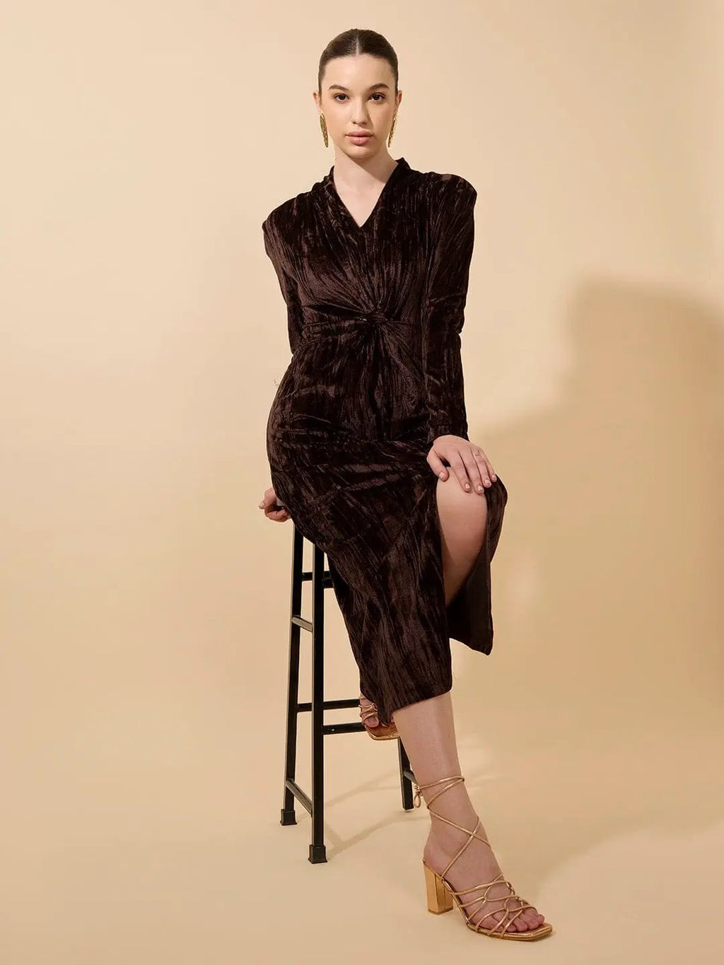 Women's Textured Velvet Brown Knot V-Neck Maxi Dress with Front Slit