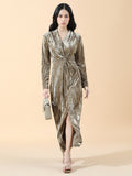 Women's Textured Velvet Olive Knot V-Neck Maxi Dress with Front Slit