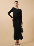 Women's Black Long Sleeve Bodycon Dress with Side Knot Draping