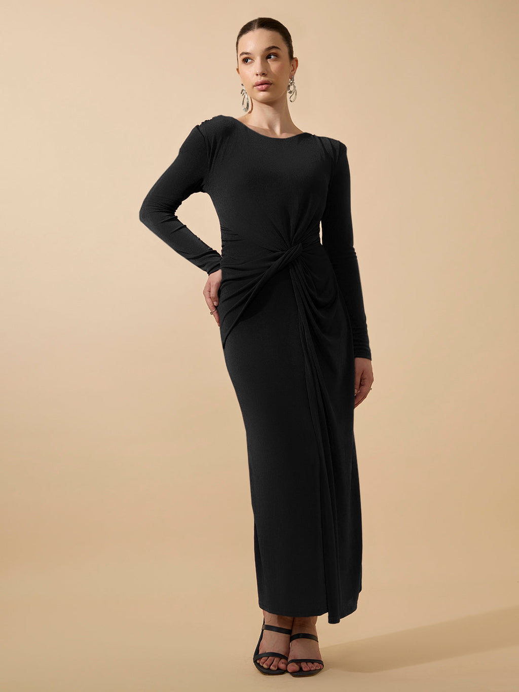 Women's Black Long Sleeve Bodycon Dress with Side Knot Draping