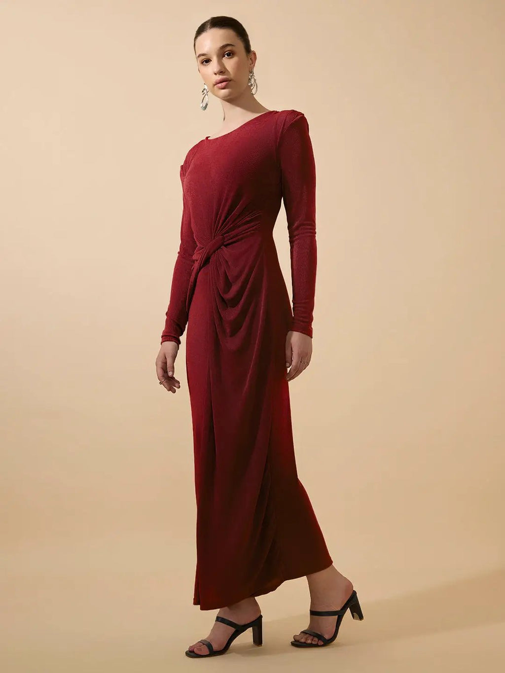 Women's Red Long Sleeve Bodycon Dress with Side Knot Draping