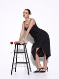 Women's Black Cowl Neck Satin Slip On Draped Dress
