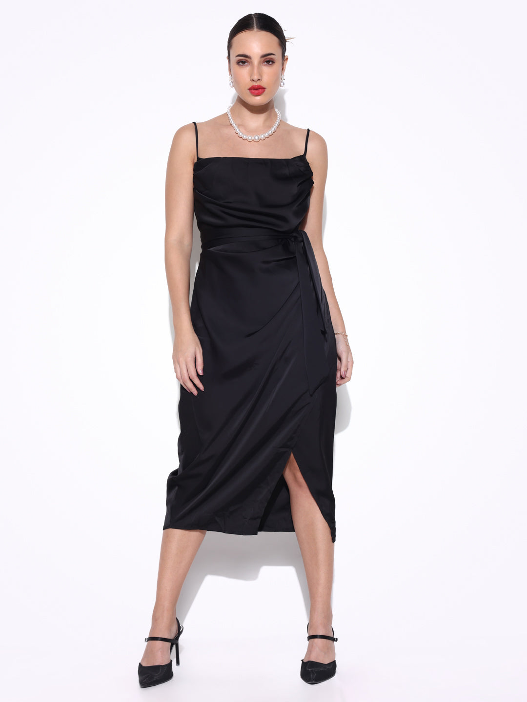 Women's Black Cowl Neck Satin Slip On Draped Dress