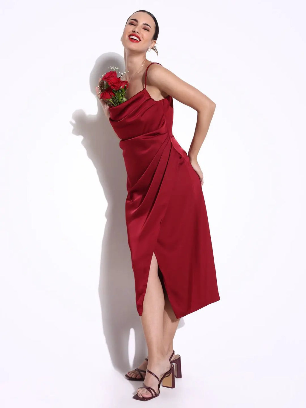 Women's Maroon Cowl Neck Satin Slip On Draped Dress