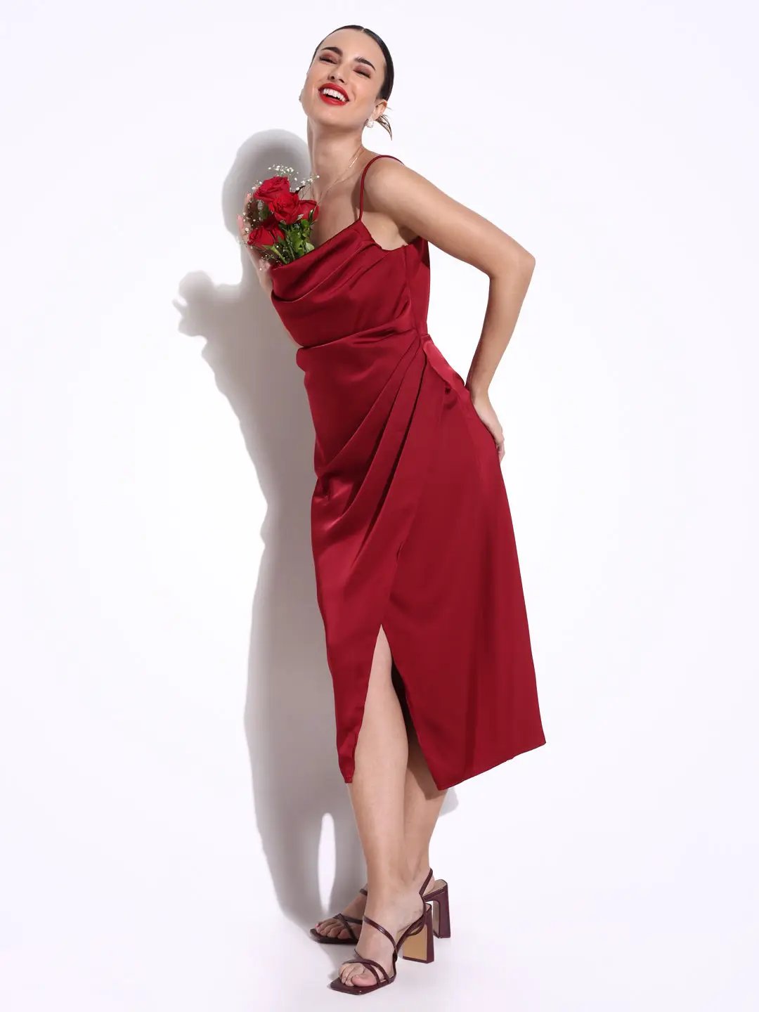Women's Maroon Cowl Neck Satin Slip On Draped Dress