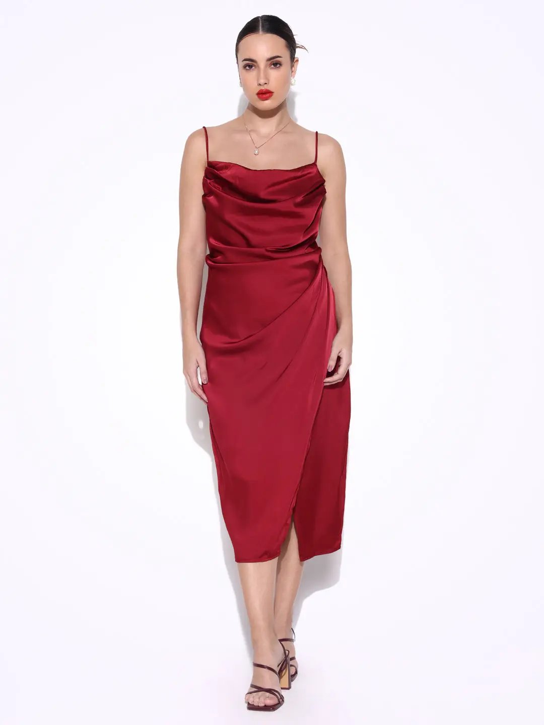Women's Maroon Cowl Neck Satin Slip On Draped Dress