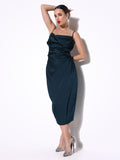 Women's Teal Cowl Neck Satin Slip On Draped Dress