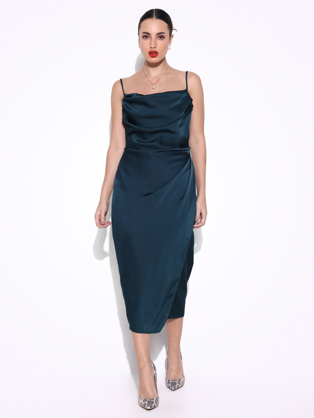 Women's Teal Cowl Neck Satin Slip On Draped Dress