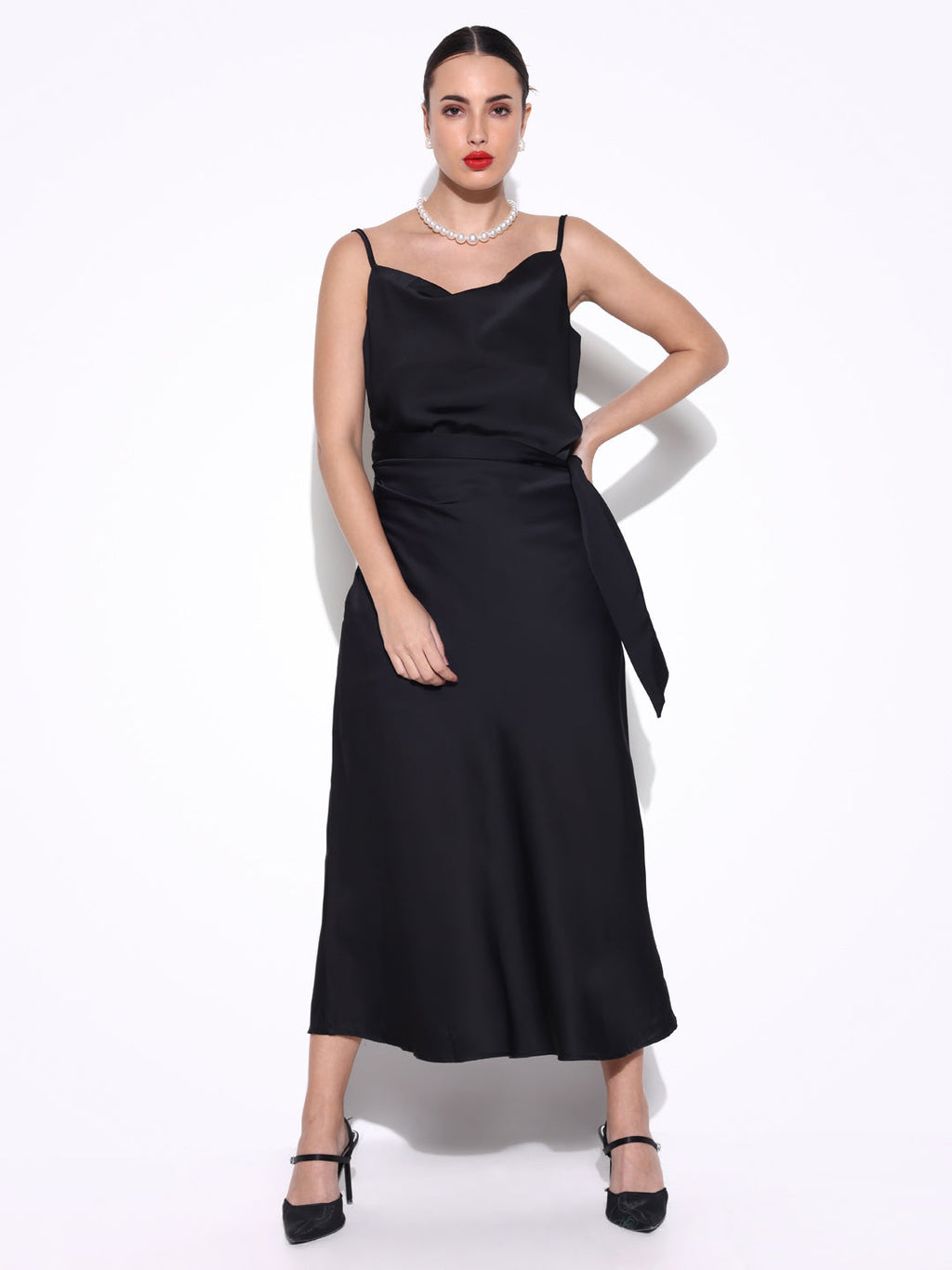 Women's Black Satin Cowl Neck Slip Dress with Waist Tie