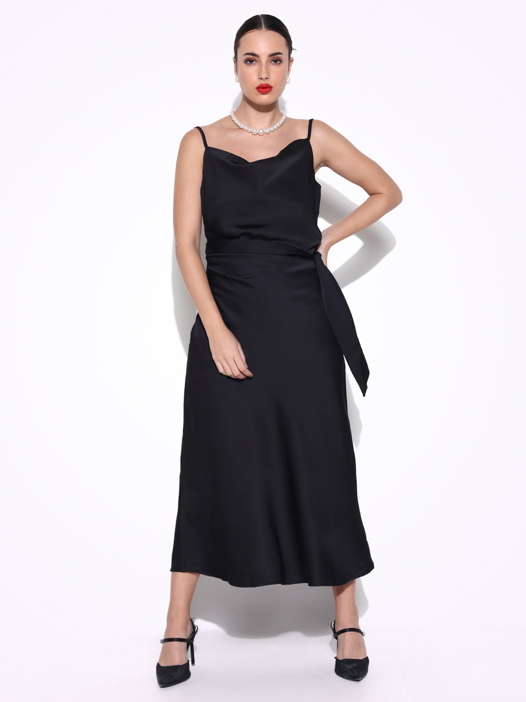 Women's Black Satin Cowl Neck Slip Dress with Waist Tie