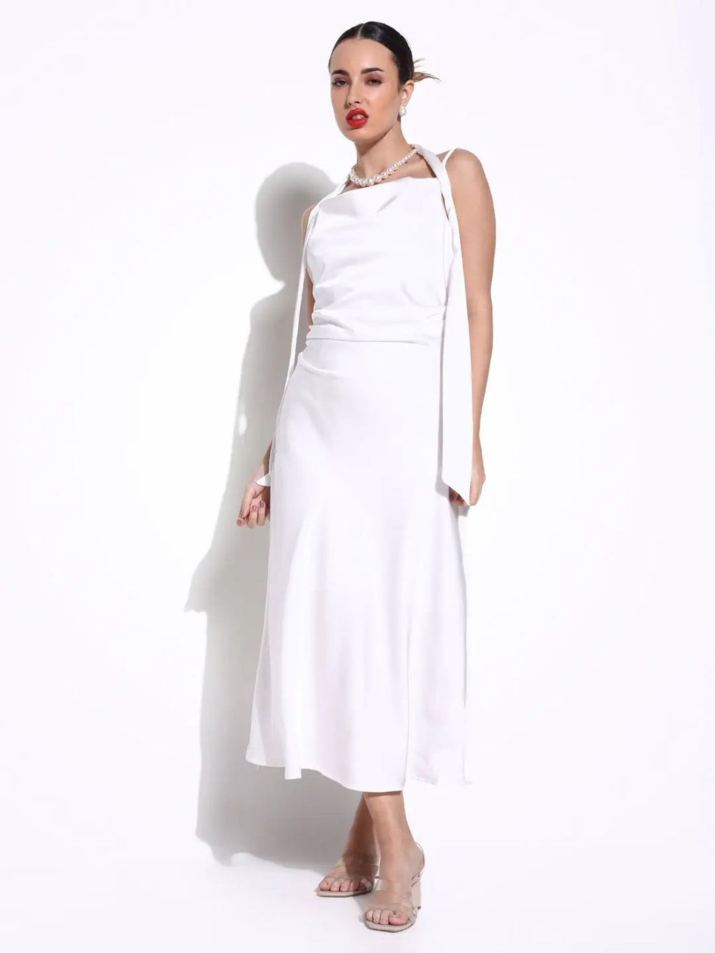 Women's White Satin Cowl Neck Slip Dress with Waist Tie